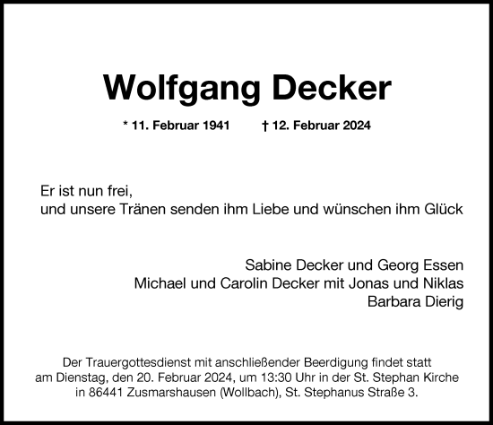 Traueranzeige von Wolfgang Decker von Augsburger Allgemeine
