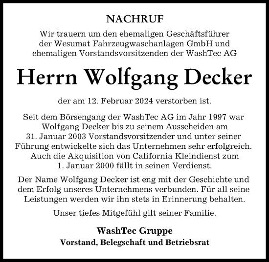 Traueranzeige von Wolfgang Decker von Augsburger Allgemeine