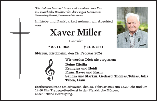 Traueranzeige von Xaver Miller von Mindelheimer Zeitung