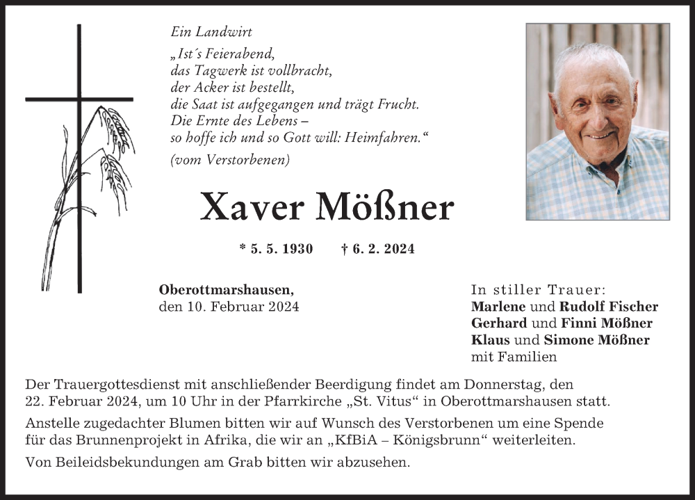  Traueranzeige für Xaver Mößner vom 10.02.2024 aus Schwabmünchner Allgemeine