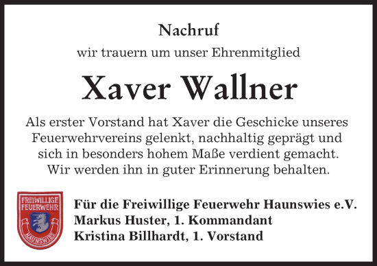 Traueranzeige von Xaver Wallner von Aichacher Nachrichten