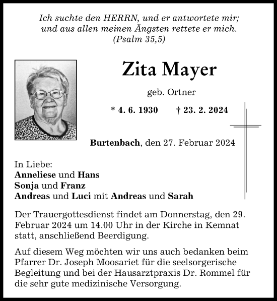 Traueranzeige von Zita Mayer von Günzburger Zeitung