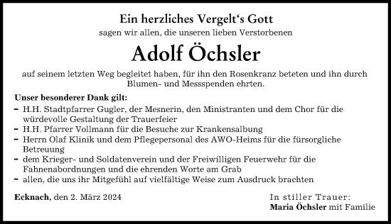 Traueranzeige von Adolf Öchsler von Aichacher Nachrichten