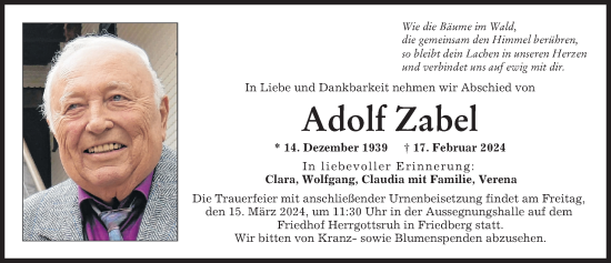 Traueranzeige von Adolf Zabel von Friedberger Allgemeine