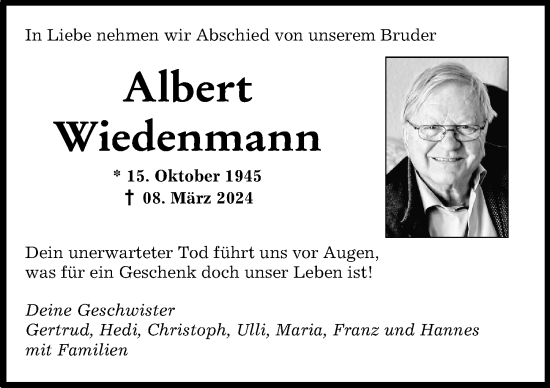 Traueranzeige von Albert Wiedenmann von Augsburger Allgemeine