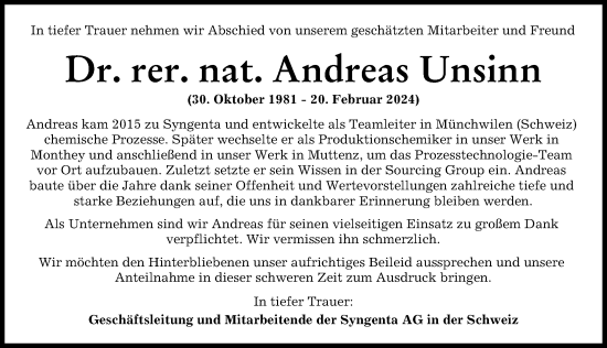 Traueranzeige von Andreas Unsinn von Landsberger Tagblatt