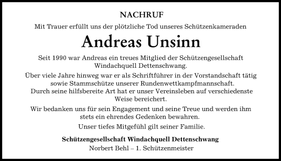 Traueranzeige von Andreas Unsinn von Landsberger Tagblatt