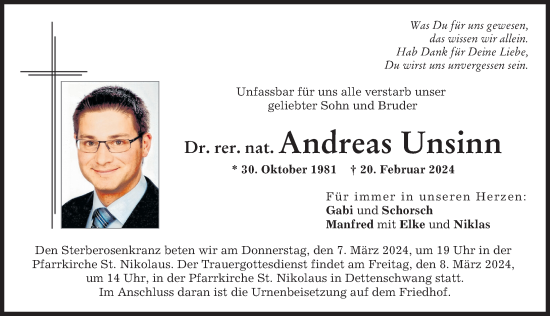 Traueranzeige von Andreas Unsinn von Landsberger Tagblatt