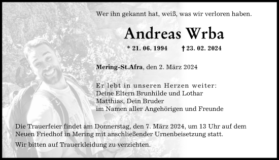 Traueranzeige von Andreas Wrba von Landsberger Tagblatt, Friedberger Allgemeine
