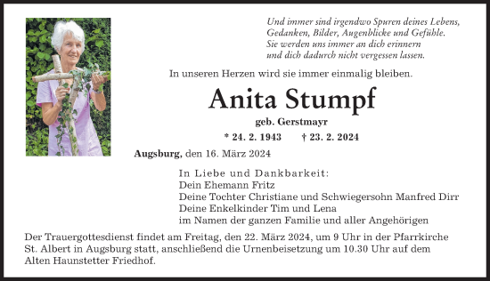 Traueranzeige von Anita Stumpf von Augsburger Allgemeine