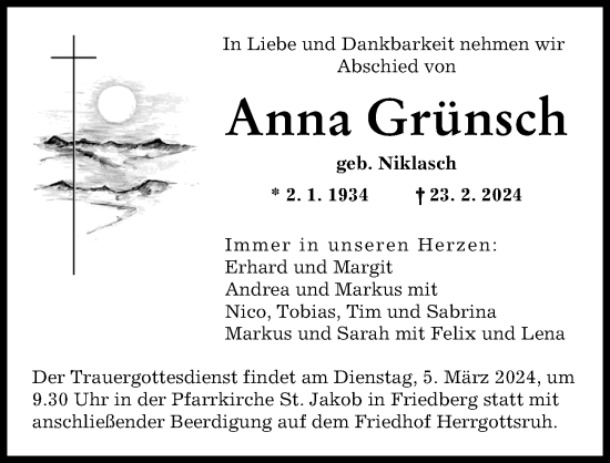 Traueranzeige von Anna Grünsch von Augsburger Allgemeine