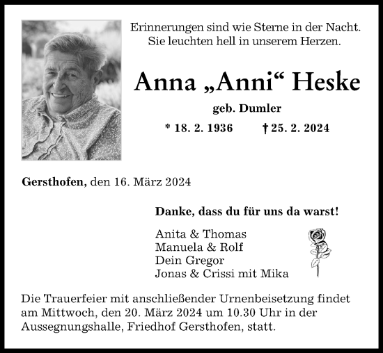 Traueranzeige von Anna  Heske von Augsburger Allgemeine