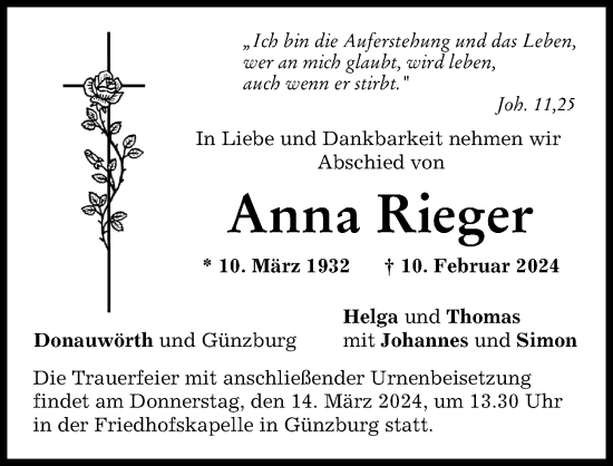 Traueranzeige von Anna Rieger von Günzburger Zeitung