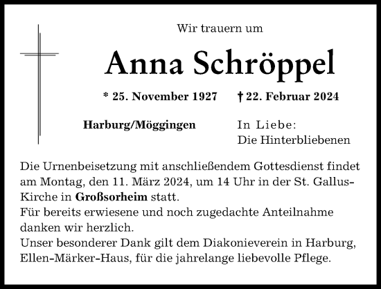 Traueranzeige von Anna Schröppel von Rieser Nachrichten