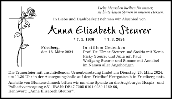 Traueranzeige von Anna Elisabeth Steurer von Friedberger Allgemeine, Augsburger Allgemeine