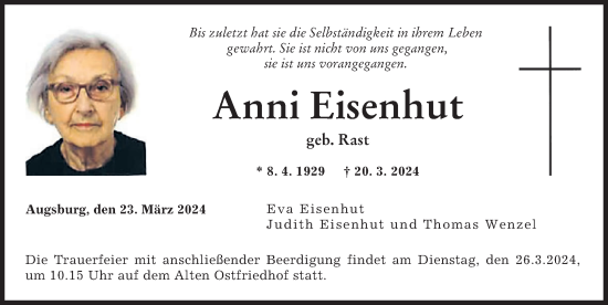 Traueranzeige von Anni Eisenhut von Augsburger Allgemeine