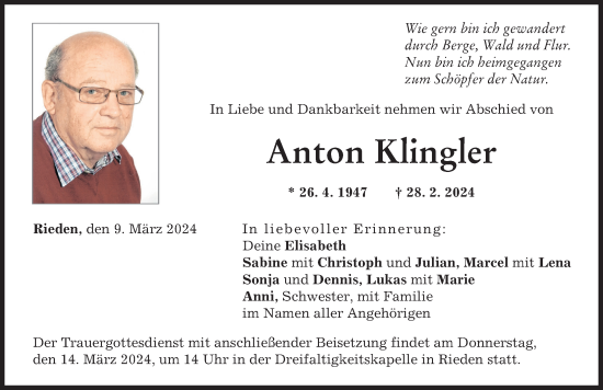 Traueranzeige von Anton Klingler von Günzburger Zeitung