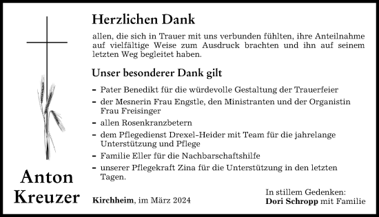Traueranzeige von Anton Kreuzer von Mindelheimer Zeitung