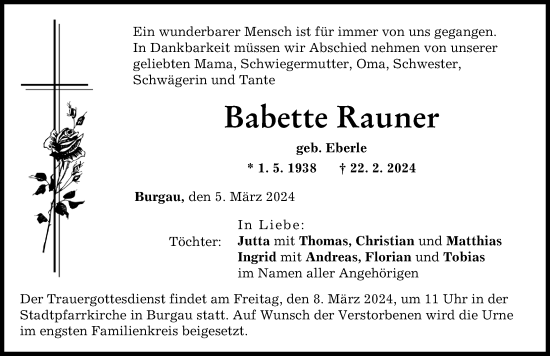 Traueranzeige von Babette Rauner von Günzburger Zeitung