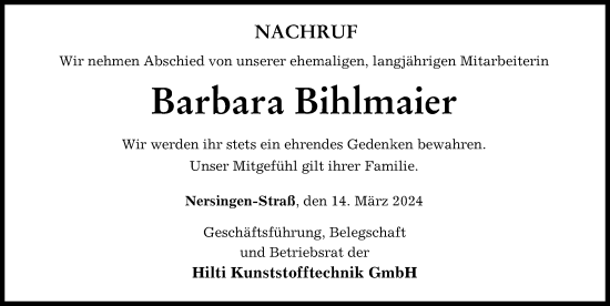 Traueranzeige von Barbara Bihlmaier von Neu-Ulmer Zeitung