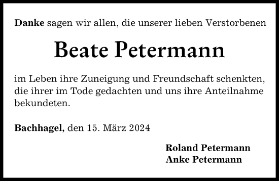 Traueranzeige von Beate Petermann von Donau Zeitung