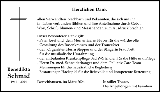 Traueranzeige von Benedikta Schmid von Mindelheimer Zeitung