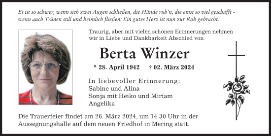 Traueranzeige von Berta Winzer von Augsburger Allgemeine