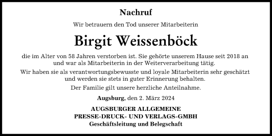 Traueranzeige von Birgit Weissenböck von Augsburger Allgemeine