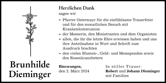 Traueranzeige von Brunhilde Dieminger von Wertinger Zeitung