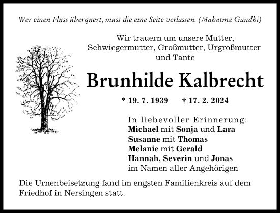 Traueranzeige von Brunhilde Kalbrecht von Neu-Ulmer Zeitung
