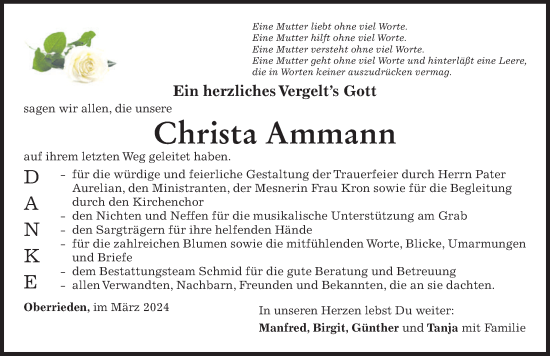 Traueranzeige von Christa Ammann von Mindelheimer Zeitung