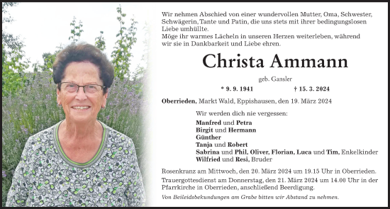 Traueranzeige von Christa Ammann von Mindelheimer Zeitung