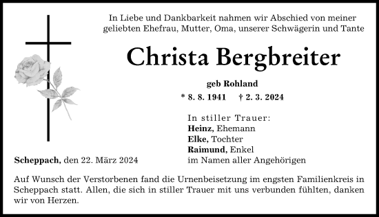 Traueranzeige von Christa Bergbreiter von Günzburger Zeitung