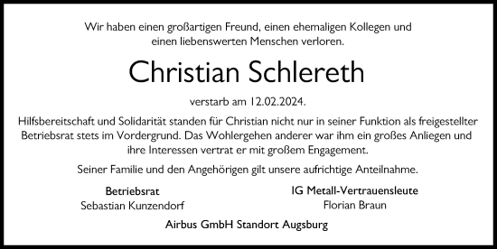 Traueranzeige von Christian Schlereth von Augsburger Allgemeine