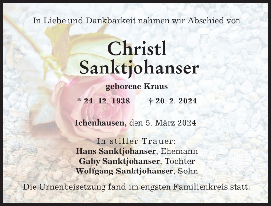 Traueranzeige von Christl Sanktjohanser von Günzburger Zeitung
