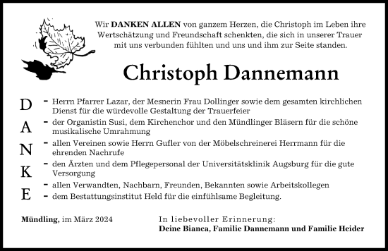 Traueranzeige von Christoph Dannemann von Rieser Nachrichten, Donauwörther Zeitung