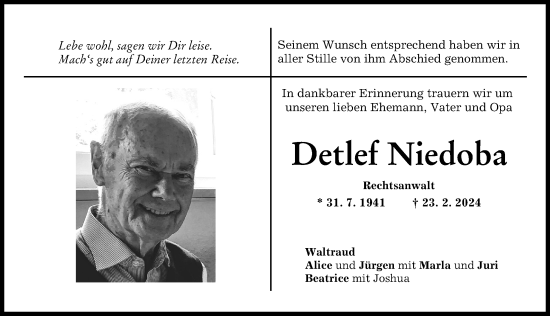 Traueranzeige von Detlef Niedoba von Landsberger Tagblatt