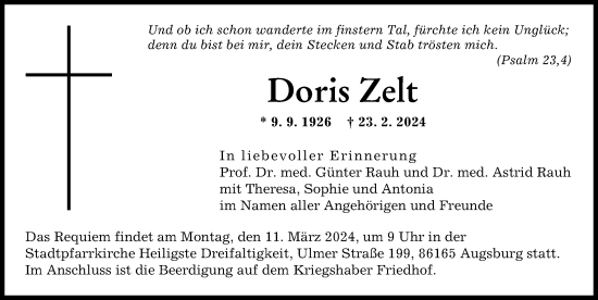 Traueranzeige von Doris Zelt von Augsburger Allgemeine