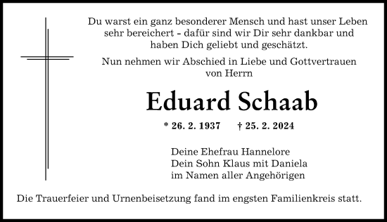 Traueranzeige von Eduard Schaab von Augsburger Allgemeine