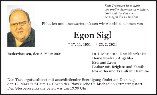 Traueranzeige von Egon Sigl von Friedberger Allgemeine