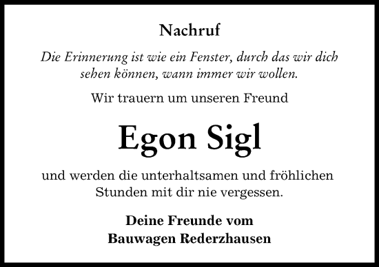 Traueranzeige von Egon Sigl von Friedberger Allgemeine