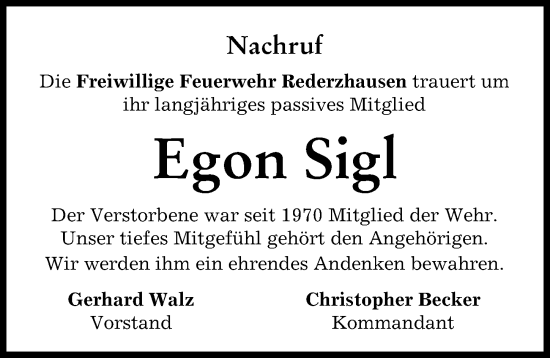 Traueranzeige von Egon Sigl von Friedberger Allgemeine