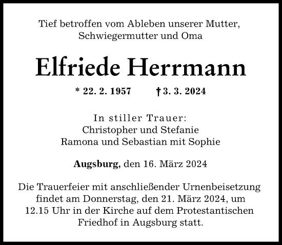 Traueranzeige von Elfriede Herrmann von Augsburger Allgemeine