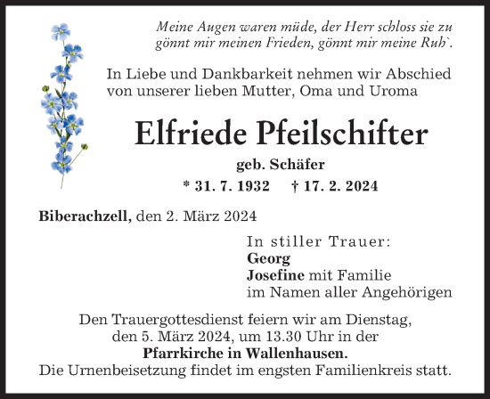Traueranzeige von Elfriede Pfeilschifter von Neu-Ulmer Zeitung