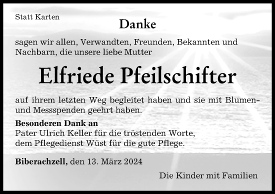 Traueranzeige von Elfriede Pfeilschifter von Neu-Ulmer Zeitung