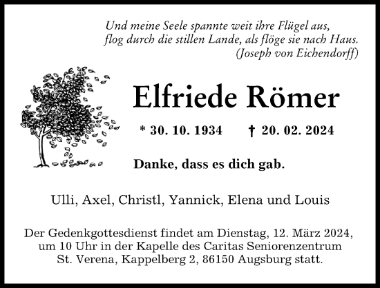 Traueranzeige von Elfriede Römer von Augsburger Allgemeine