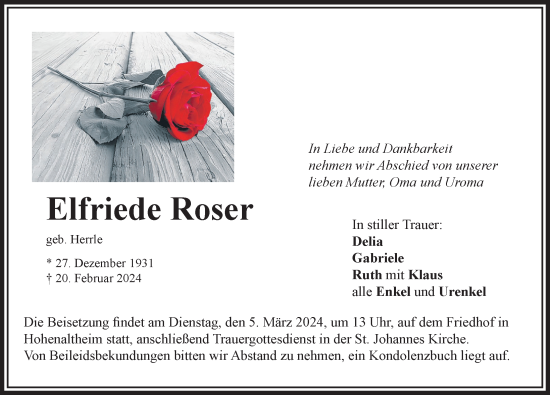 Traueranzeige von Elfriede Roser von Rieser Nachrichten