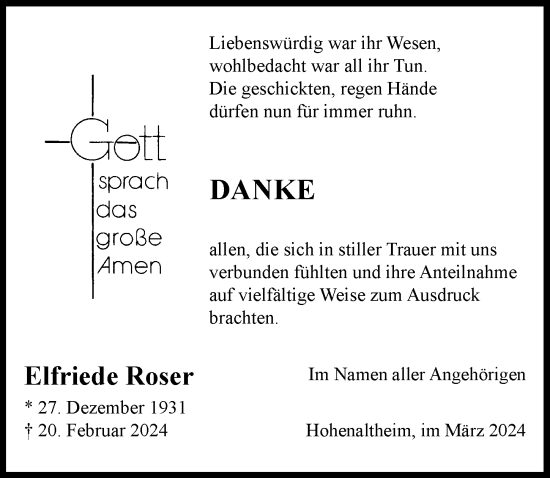 Traueranzeige von Elfriede Roser von Rieser Nachrichten