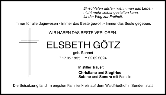 Traueranzeige von Elsbeth Götz von Augsburger Allgemeine, Neu-Ulmer Zeitung