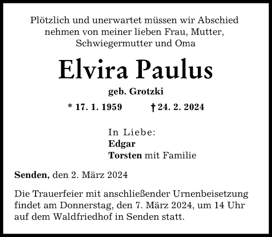 Traueranzeige von Elvira Paulus von Neu-Ulmer Zeitung